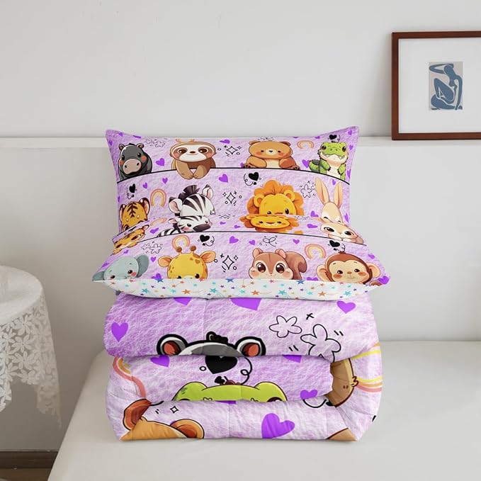 Manfei Kawaii Animals Bed Comforter Set Queen Size,Cute Wildlife Giraffe Lion Super Soft Microfiber Bedding Set for Kids Room Decor,Kids Gifts Cartoon Purple Comforter Set,2 Pillowcases - Image 5