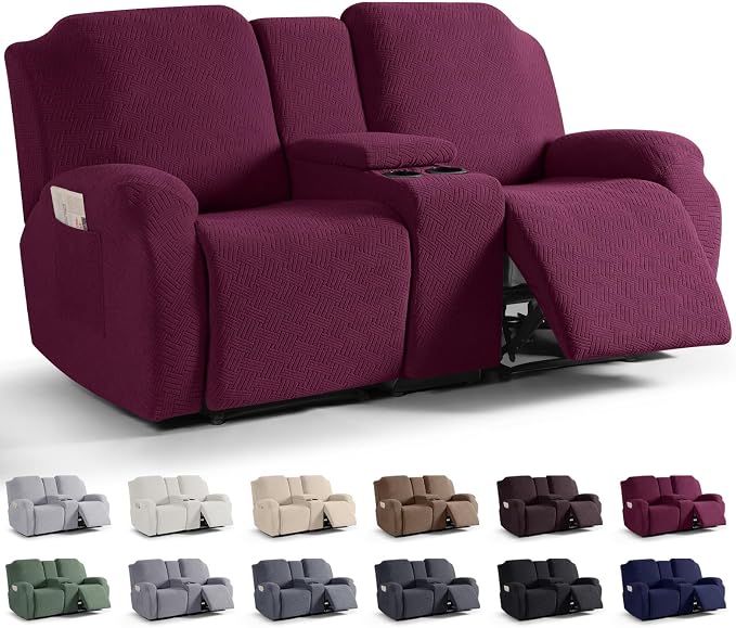 KinCam Loveseat Recliner Covers with Middle Console Slipcover, Burgundy | Stretch Recliner Sofa Covers for 2 Seat Couch Cover, Jacquard Furniture Protector Covers with Elastic Bottom for Kids, Pets by KinCam