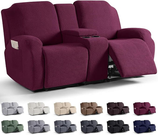 KinCam Loveseat Recliner Covers with Middle Console Slipcover, Burgundy | Stretch Recliner Sofa Covers for 2 Seat Couch Cover, Jacquard Furniture Protector Covers with Elastic Bottom for Kids, Pets by KinCam