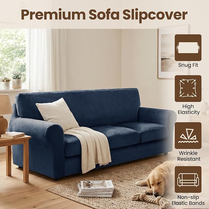 XINEAGE 3-Piece Velvet Loveseat Sofa Cover, Couch Covers for Dog,Navy Blue | 2 Cushion Loveseat,Stretch Non-slip Elastic, Pet-friendly, Washable, Fast Setup, Soft Plush Fabric, Furniture Protector. - Image 2