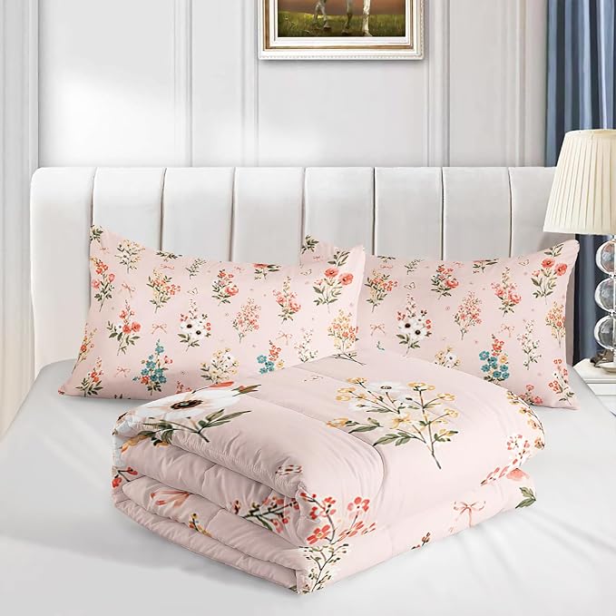 QOOMO Floral Comforter Full Size,Pink Floral Kids Comforter Set,3Pcs Bedding Set Printed Comforter with 2 Pillowcases,Down Alternative,Soft and Lightweight,for All Seasons - Image 4