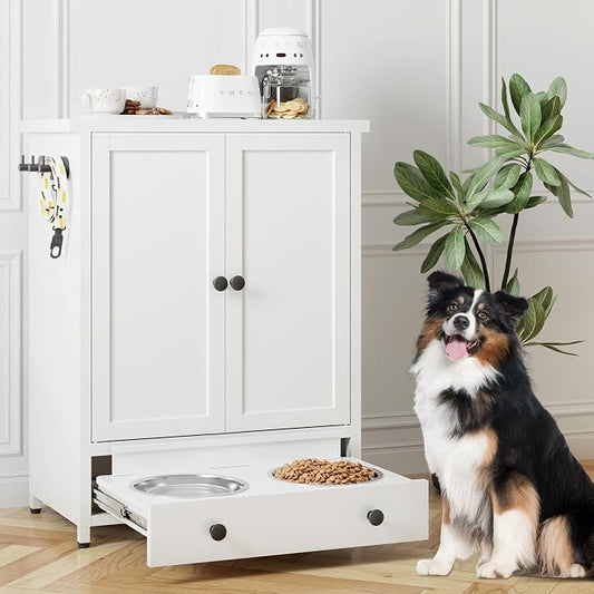 Dog Feeding Station with Storage, Metal Dog Food Storage Cabinet with 2 Elevated Bowls and 3 Hooks, Pet Feeding Station and Dogs Food Storage Organizer, White by Fmlud