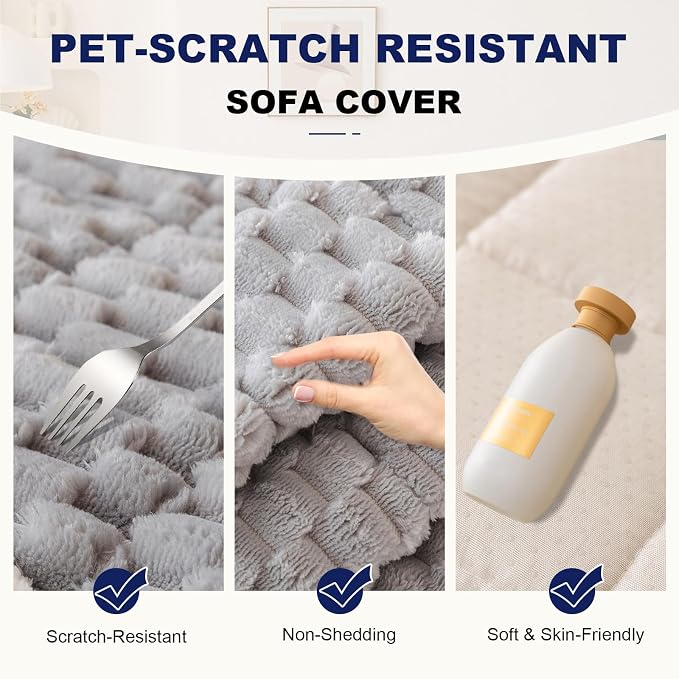 STACYPIK Waterproof Gray Sofa Cover for Dogs, Non Slip Pet-Scratch Resistant Couch Cover Sectional, Loveseat Slipcover for 3 Cushion Couch, Washable Plush Fluffy Coral Throw Slipcover-27.6X70.9IN - Image 3