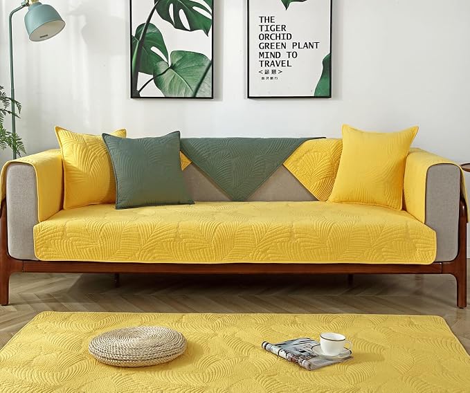 Solid Color Leaf Cotton Quilted Sofa Covers Anti-Slip Soft Sectional Couch Cover Washable Sofa Slipcover for Dogs Cats Pet (Yellow,28''x59'') - Image 2