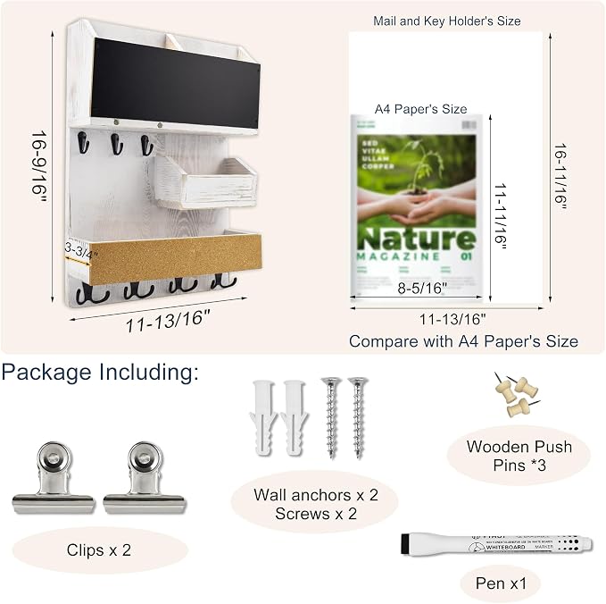 Mail Organizer Wall Mount，Key Holder Mail and Key Organizer for Wall with Shelf, Chalkboard, Corkboard, Home Decor for Room Office Entryway(Ivory White) - Image 2