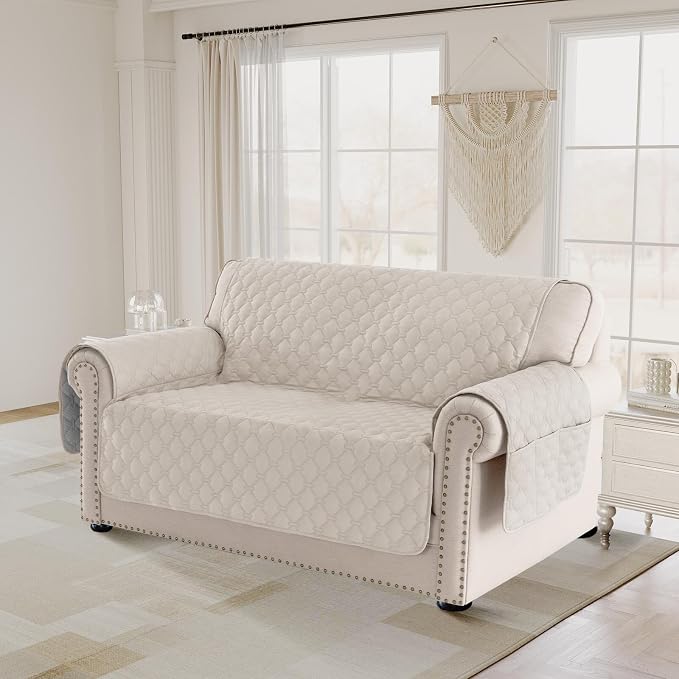 PrinceDeco Loveseat Covers for 2 Cushion Couch Modern Sofa Covers Water Resistant and Washable Thick Soft Couch Cover for Dogs Anti-Slip Sofa Cover Seat Width to 48"(Loveseat, Pale Oak) - Image 2