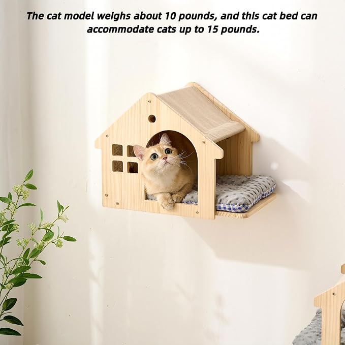 SHENGOCASE Natural Wood Cat Wall Shelves Bed, 2-Pack, Wall-Mounted Box Condo House Perch, Cat Condo Furniture with Washable Pillow Cushions - Image 2