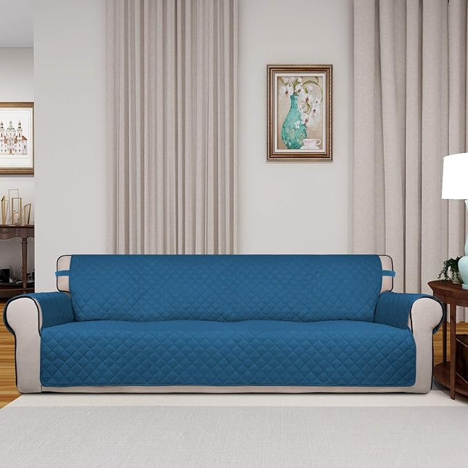 PureFit Reversible Quilted Couch Covers for Dogs Sofa Cover 4 Seater 88" | Peacock Blue/Beige, Water Resistant Couch Protector, Washable Pet Couch Cover with Non Slip and Elastic Straps For Kids - Image 2