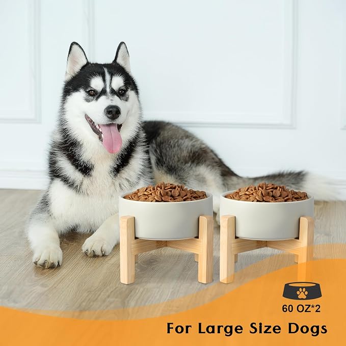 SPUNKYJUNKY Ceramic Elevated Dog Bowls 2 Pack - 8.3inch Raised Dog Bowls with Non-Slip Wooden Stand for Large Dogs Dishwasher Safe(Grey,60OZ*2) - Image 7