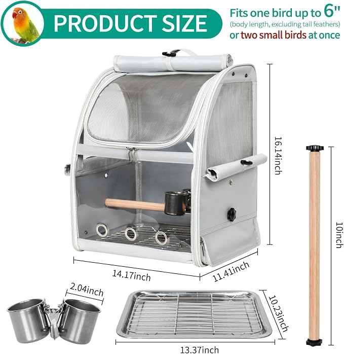 Bird Carrier Bag, Bird Travel Cage with Standing Perch and Indestructible Stainless Steel Mesh, Protable Transparent Breathable Carrier with Feeder Cups for Small Birds Parrot Parakeet, Grey - Image 2