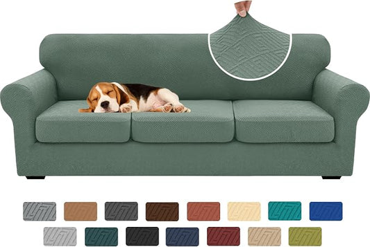 XINEAGE New 4 Pieces Extra Large Couch Covers for 3 Cushion Sofa Super Stretch Sofa Cover for 3 Large Seat Cushion Universal Slip Cover for Living Room (Pea Green), 91"-110"(3 Cushions) by XINEAGE