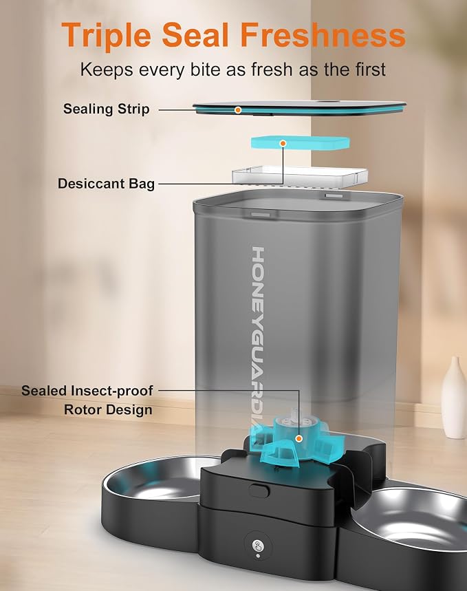HoneyGuaridan 5L Automatic Cat Feeder for Two Cats, 2.4/5G WiFi Smart Feed Pet Feeder with Stainless Steel Bowl,APP Control Dispenser, Dual Power Supply,Desiccant Bag,10s Meal Call Black - Image 4
