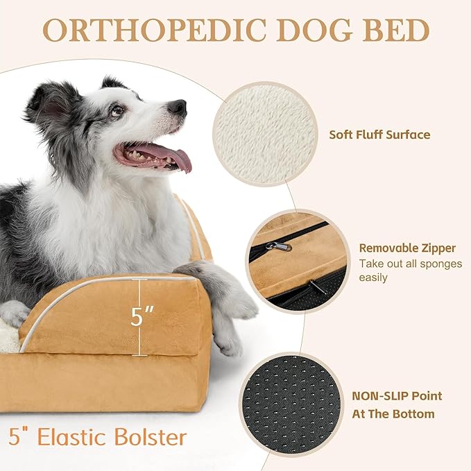 Comfort Expression Orthopedic Dog Bed for Large Dogs 36x27 Inch, Waterproof Supportive Egg Crate Foam Large Pet Bed with Removable Bolsters, Dog Couch with Washable Cover & Non-Slip Bottom, Caramel