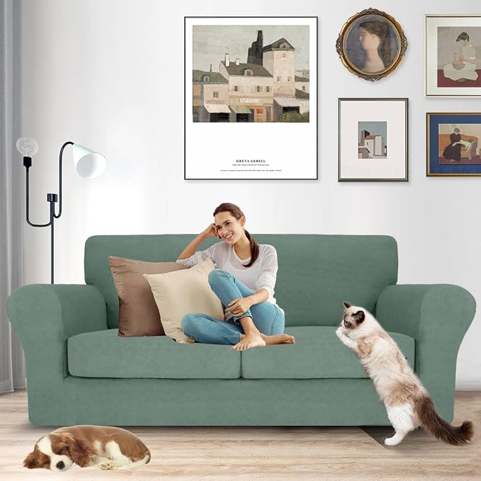 MAXIJIN 3 Piece Couch Covers for 2 Cushion Couch Sofa Cover, Stretch Loveseat Sofa Slipcovers for Sofas with 2 Large Cushions, Thick Dogs Pet Furniture Covers (71"-91", Pea Green) - Image 2