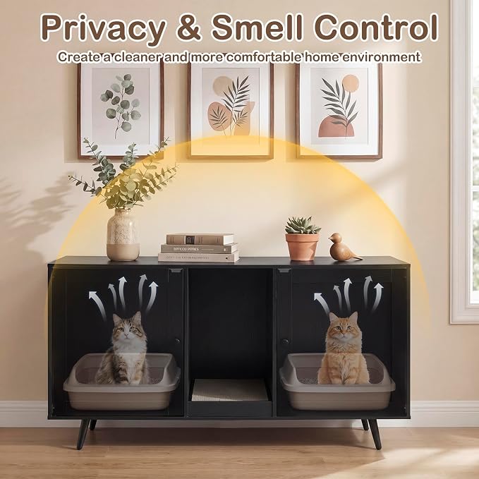 Tangkula Double Cat Litter Box Enclosure, Large Hidden Wooden Cat Cabinet for 2 Cats with Scratching Pad, Double Rooms, Versatile TV Stand Side Table for Indoor Living Room - Image 5