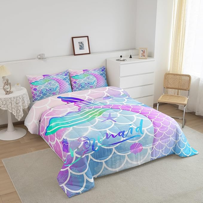 Homewish Fish Scale Comforter Set Mermaid Fish Scale Duvet Insert Watercolor Mermaid Bedding Set 2pcs for Kids Girls Soft Microfiber Quilted Duvet with 1 Pillowcase, Twin Size - Image 3