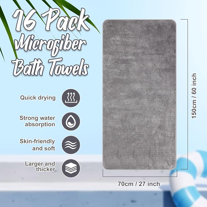 SmoothNovelty 16 Pack Microfiber Bath Towels Bulk 27'' x 60'' Oversized Size Bath Towel Highly Absorbent Extra Large Soft Drying for Beach Shower Summer Salon Sport Gym Party (Wheat,Light Grey) - Image 2