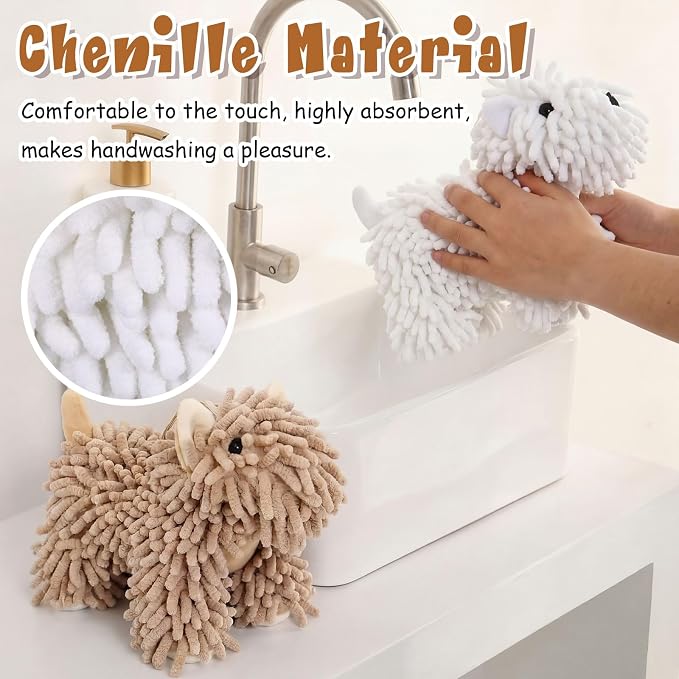 Tegeme 2 Pcs Chenille Dog Hand Towel Fuzzy Towel Absorbent Microfiber Soft for Bathroom Kitchen Washstand (White Brown,Standing Dog) - Image 6