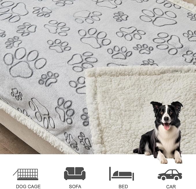 Qeils Dog Blankets for Large Dogs - Waterproof Pet Blanket Washable - Sherpa Fleece Puppy Blanket, Soft Plush Reversible Dog Blanket for Bed Couch Car Sofa, 50"X60", Grey Paw Print - Image 5