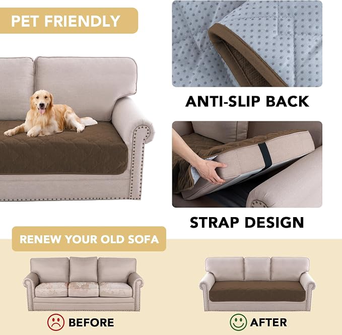 H.VERSAILTEX Couch Cover Chenille Pet Fuzzy Sofa Covers for 3 Cushion Couch Anti Slip Washable Sofa Slipcovers with Strap Soft Couch Protector Cover for Dogs Cats Kids(34.5" x 82", Coco Mocha) - Image 4