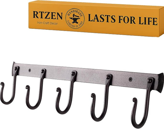 RTZEN Classic Farmhouse Wall Mount Multi-Use Wrought Iron Hook Set (5 Pack) | Decorative Rustic Metal Handcrafted Bathroom, Entreyway Home Decor Hooks Suitable for Coats, Towels, Robe or Hat Hanging by RTZEN