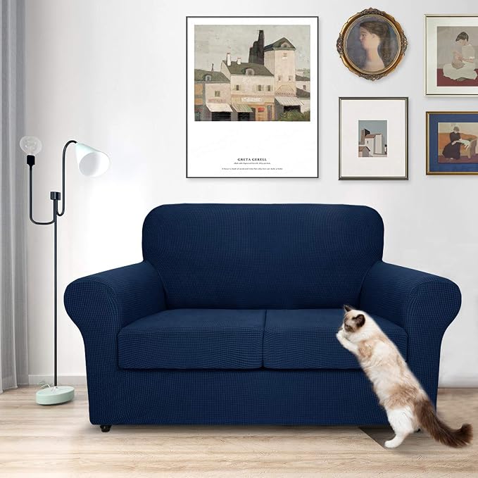MAXIJIN 3 Piece Couch Covers for 2 Cushion Couch Super Stretch Loveseat Slipcover Dogs Pet Proof Fitted Furniture Protector Spandex Non Slip Sofa Love Seat Cover Washable (Loveseat, Navy Blue) - Image 2