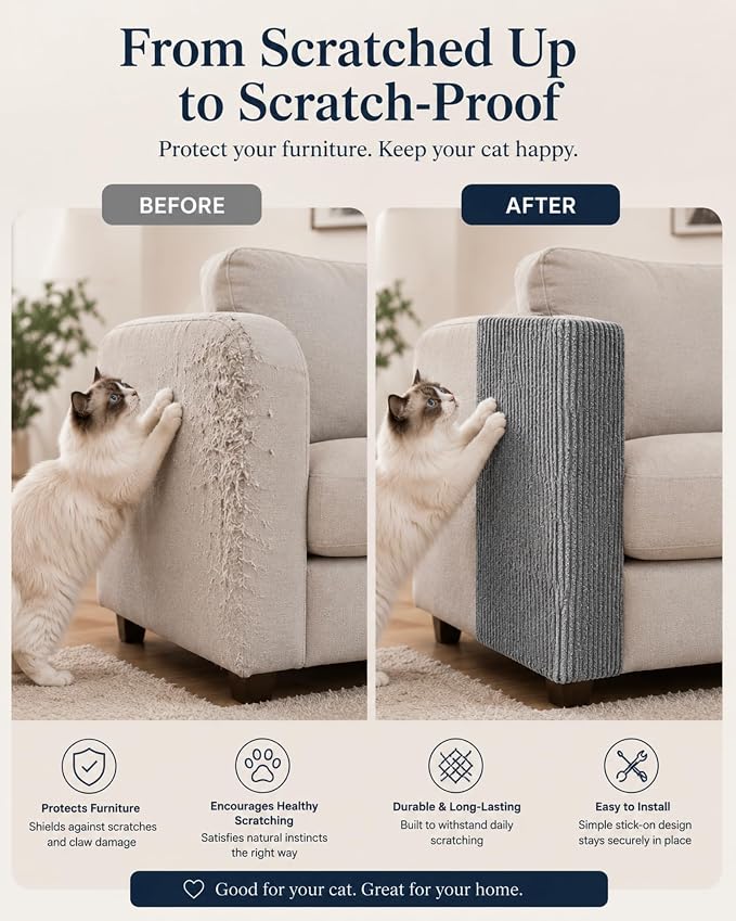 Corner & Wall Cat Scratch Mat (Grey, 23.6''x11.8'', 5-Pack), Self-Adhesive Trimmable Cat Scratcher, Wall Mounted Scratching Pad for Indoor Cats, Sofa Furniture Protector, Cat Post Cover Replacement - Image 8