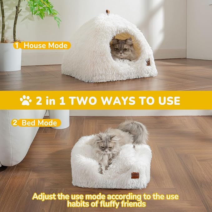 CATISM Cat Bed, Cat Cave for Indoor Cats, Soft Cat Dome, Self-Warming 2 in 1 Foldable Pet Cat House with Washable Cushioned Pillow Calming Fluffy Dog Beds for Small Dogs with Anti-Slip Bottom White | Warm Washable Anti-Slip Bottom Removable Fluffy Plus... - Image 2