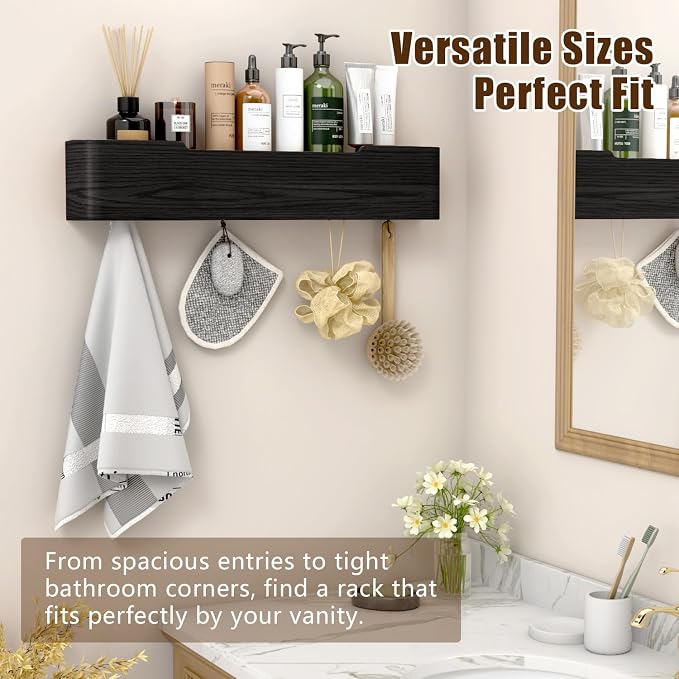 Coat Rack Wall Mount with Hidden Hooks, Wall Hooks with Shelf, Wall Key Holder Mount Wooden Shelf Entryway Hooks for Bedroom Bathroom for Hanging Coats Hats Bags Towels (Black, 5 Hooks) - Image 4
