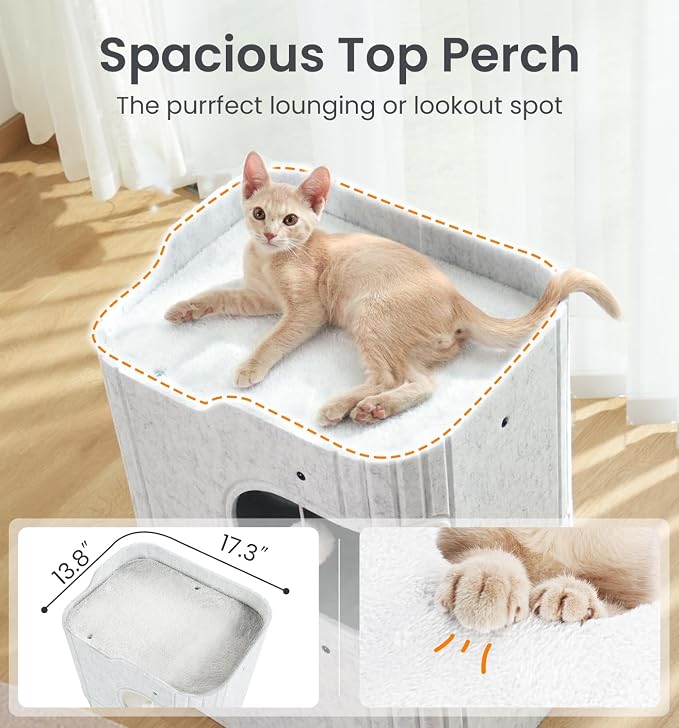 Made4Pets Cat House for Indoor Use, 2-Storey Cube Bed Cave, Covered Hideaway Condo with Scratch-Resistant Felt, Foldable Easy-to-Clean Design for Multi-Cat Homes, Marble White - Image 4