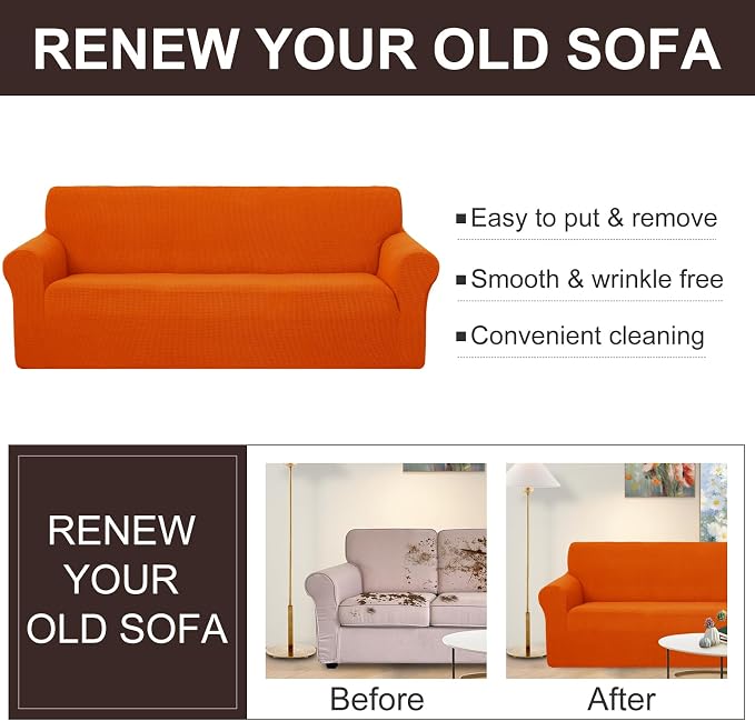 U-NICE HOME Loveseat Cover Stretch Couch Cover Sofa Slipcover, Orange | 2 Cushion Sofa, 1-Piece Sofa cover, Washable, Pet friendly, Furniture protector, Polyester Spandex Jacquard fabric - Image 4