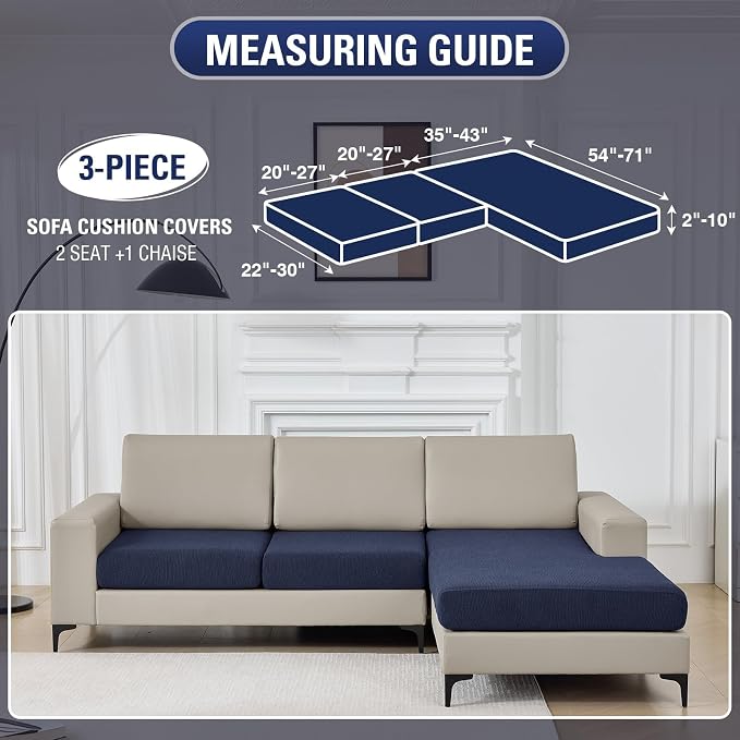 Couch Cushion Covers for Sectional Sofa Stretch Sofa Slipcovers Washable Wear-Resistant Sectional Couch Covers L Shaped Seats Furniture Protectors for Pets(Navy, 2 Seater + 1 Chaise) - Image 2