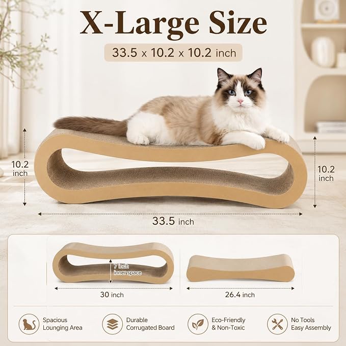 Simple Deluxe 3-in-1 Large Cardboard Cat Scratcher Lounger, 33.5" x 10.2" x 10.2" Infinity Shape Cat Scratching Board, Reversible Corrugated Scratch Pad for Multi-Cat Homes, 100% Recyclable, X-Large - Image 3