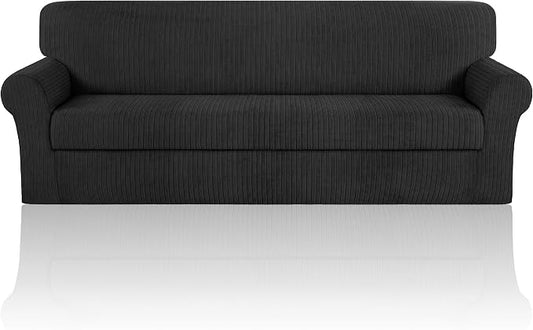 Oversized Sofa Cover Stretching Skid Resistance Couch Cover for Pets Washable, Thick and Durable Soft High Spandex Striped Pattern Sofa Covers (Oversized Sofa, Black) by ChengEase