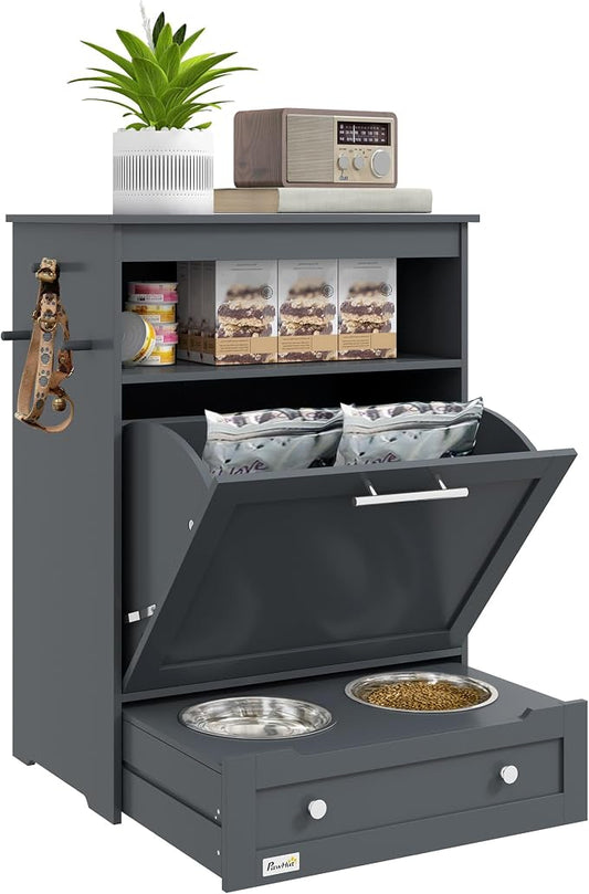 PawHut Dog Feeding Station with Raised Bowls, Pet Feeder Station, Gray | Dog Food Storage Cabinet, Hanger for Feeding & Watering Supplies by PawHut