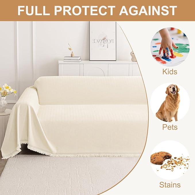 Smiry Couch Cover for Dogs, Chenille Sofa Covers for 3 Cushion Couch | Washable Soft Sofa Slipcover for Pets, Thick Sectional Furniture Protector with Tassels (Beige, 88.5x134 Inch) - Image 3