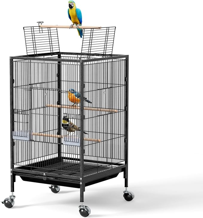 VINGLI 38-inch Bird Cage with Wheels, Durable Wrought Iron Parakeet Cage with Slide Out Tray, Black Bird Cages for Parakeets/Lovebird/Cockatiels/Budgies and Other Small/Medium Birds (Medium-38 inch) by VINGLI