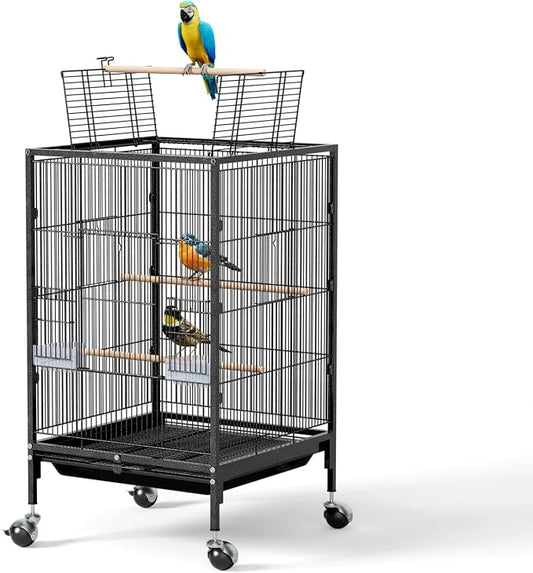 VINGLI 38-inch Bird Cage with Wheels, Durable Wrought Iron Parakeet Cage with Slide Out Tray, Black Bird Cages for Parakeets/Lovebird/Cockatiels/Budgies and Other Small/Medium Birds (Medium-38 inch) by VINGLI