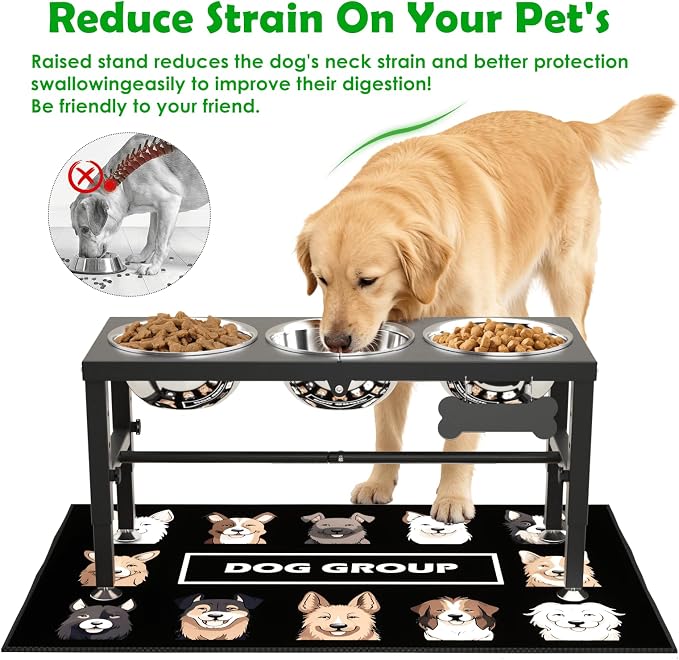 SHAINFUN Metal Elevated Dog Bowls Stand for Large Dogs with Mat & Three 58oz Food Water Bowls, Adjustable Height Raised Dog Bowl Stand - Image 2