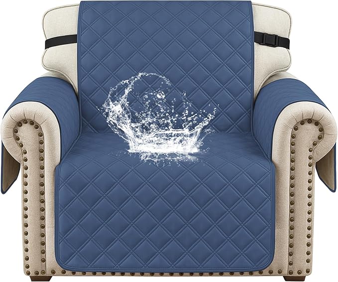 Waterproof Chair Covers for Living Room, Sofa Covers for Pets Washable with Side Pockets, Non Slip Couch Covers for Dogs, Quilted Dog Couch Cover with Elastic Straps (Armchair, Berlin Blue) by CYCMACOHOME