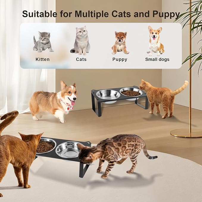 1 Set Elevated Cat Food Water Bowls, 4 Replacement Stainless Steel Bowls for Indoor Pet with Cute Metal Stand, 10° Tilted Anti-Vomiting Raised Wide Shallow Cat Dishes Whisker Friendly for Kitten,Puppy - Image 3