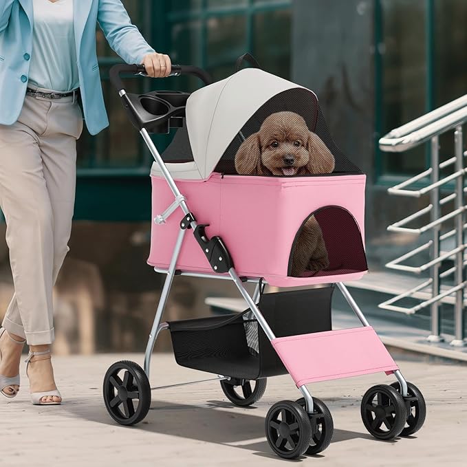 Magshion Foldable Pet Stroller, 3-in-1 Dog Travel Jogger with Detachable Carrier, Cup Holder, Storage Basket, Folding Carrier for Small/Medium Dogs & Cats Up to 33 lbs, Pink