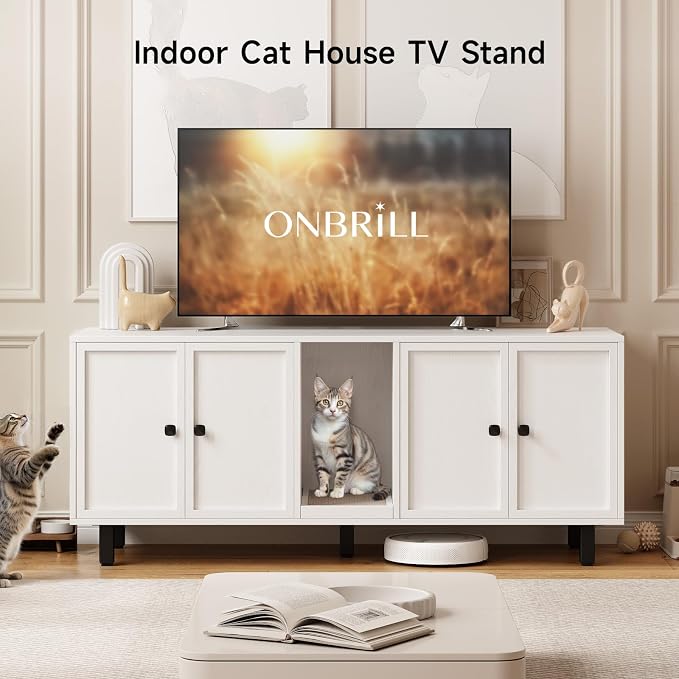 ONBRILL 59 Inches Cat Litter Box Enclosure for 2 Cats, Hidden Litter Boxes Furniture with Cat Scratch Pad, Large Indoor Pet House with Double Room, Wooden TV Stand Side Table, Off White - Image 4