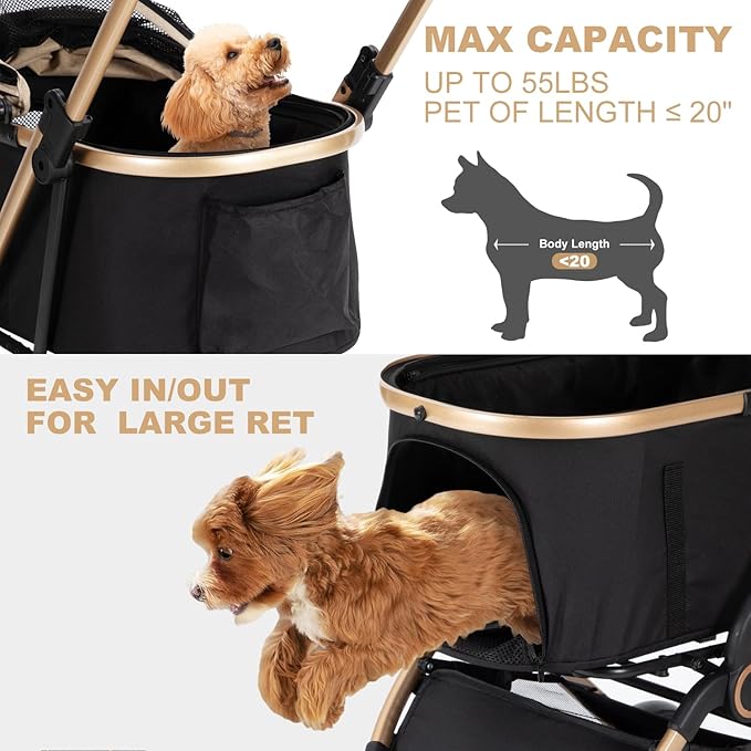 3 in 1 Pet Stroller with 4 Wheels, Foldable Pet Travel Carrier for Small/Medium Dogs Cats up to 50lbs, Detachble Portable Cat Bag, Storage Basket