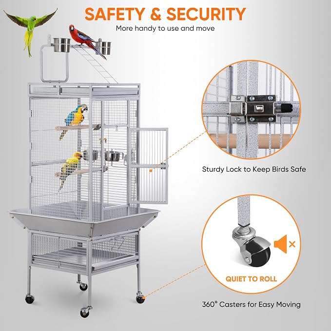 ZENY 61-inch Large Parrot Cockatiel Bird Cages with Wrought Iron Play Top, Aviary with Rolling Stand for Sun Parakeet Quaker Conure Lovebird Budgie Finch African Grey White Birdcage (White) - Image 3