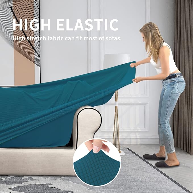 Easy-Going 4 Pieces Stretch Couch Cover Oversized Sofa Cover for Dogs Washable Sofa Slipcover for 3 Separate Cushion Couch Elastic Furniture Protector for Pets, Kids (Peacock Blue, Oversized Sofa) - Image 4