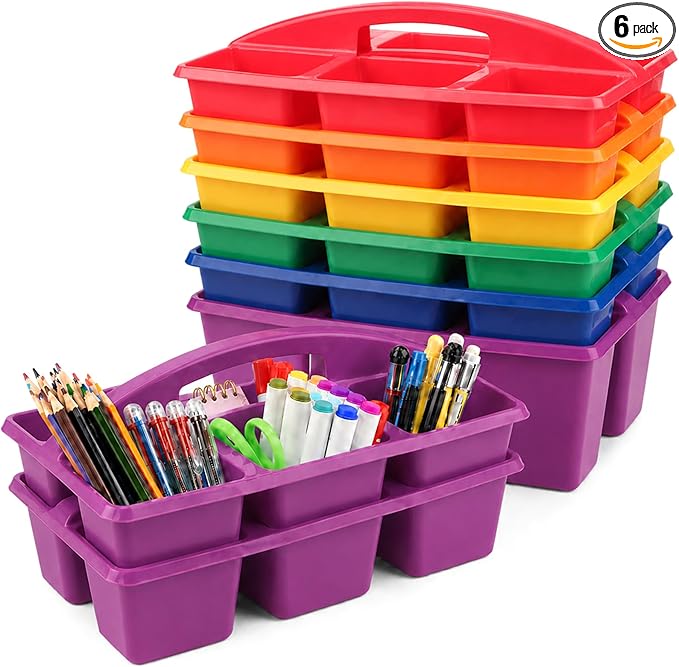 gisgfim 6 Pack Plastic Classroom Caddy with 6-Compartments Plastic Storage Caddies with Handle 6 Compartments Table Caddy Organizer Versatile Table Caddies for Classroom Office Storage, Rainbow Color by gisgfim