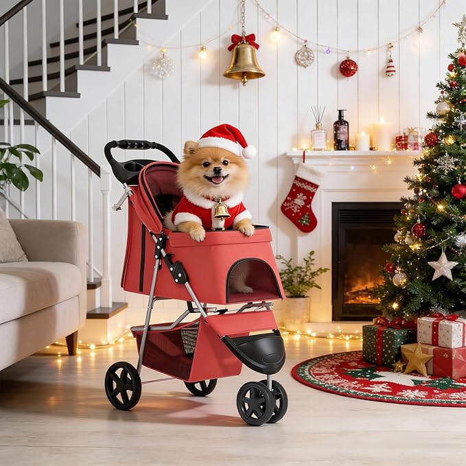 MoNiBloom 3 Wheels Pet Stroller, Foldable Puppy Cage Jogger Stroller with Weather Cover for All-Season, Storage Basket and Cup Holder, Breathable and Visible Mesh for Small/Medium Pets, Red