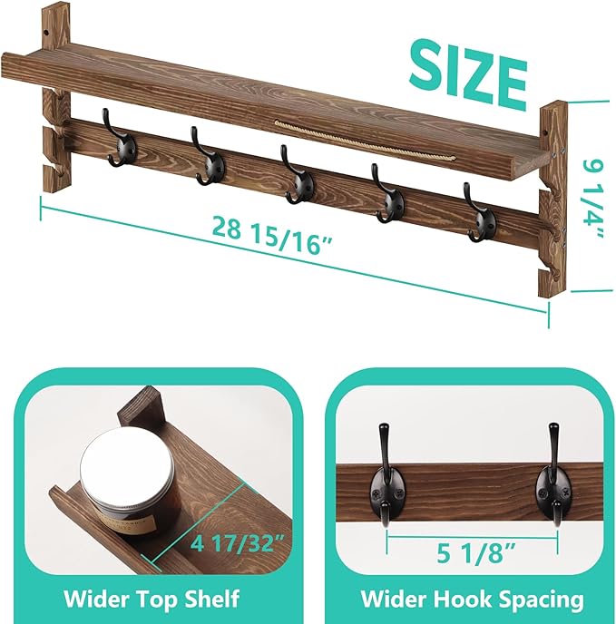 AMBIRD Wall Hooks with Shelf 28.9inch Entryway Wall Hanging Shelf, Wood Coat Hooks, Coat Rack Wall Mount Rack with 5 Dual Hooks, Glasses Organizer and Hat Organizer - Image 5