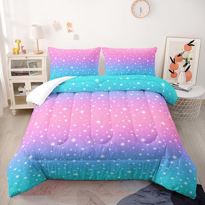 Nttopship Colorful Rainbow Comforter Sets Queen Size for Girls,Pink Blue Gradient Comforter Sets All Season 1 Comforter and 2 Pillowcases by Nttopship